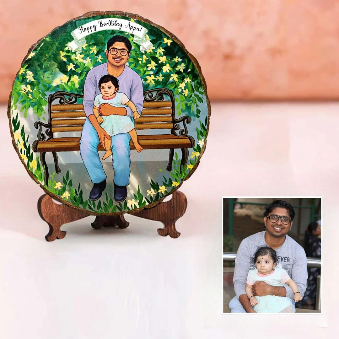 Photo Caricature Bark Nameplate With Stand For Father 1 - Personalized Illustration Display with Photo