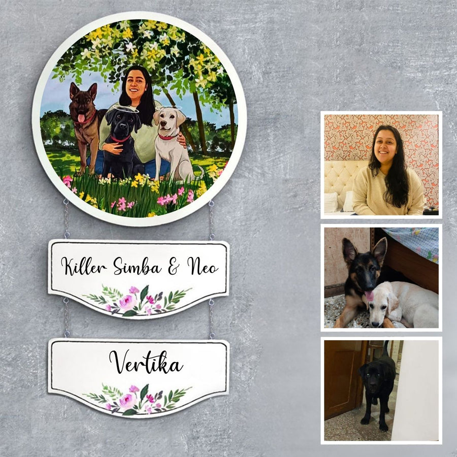Photo Caricature Hanging Nameplate With 2 Planks Wedding Couples - Mounted Wall Portrait with Nameplates