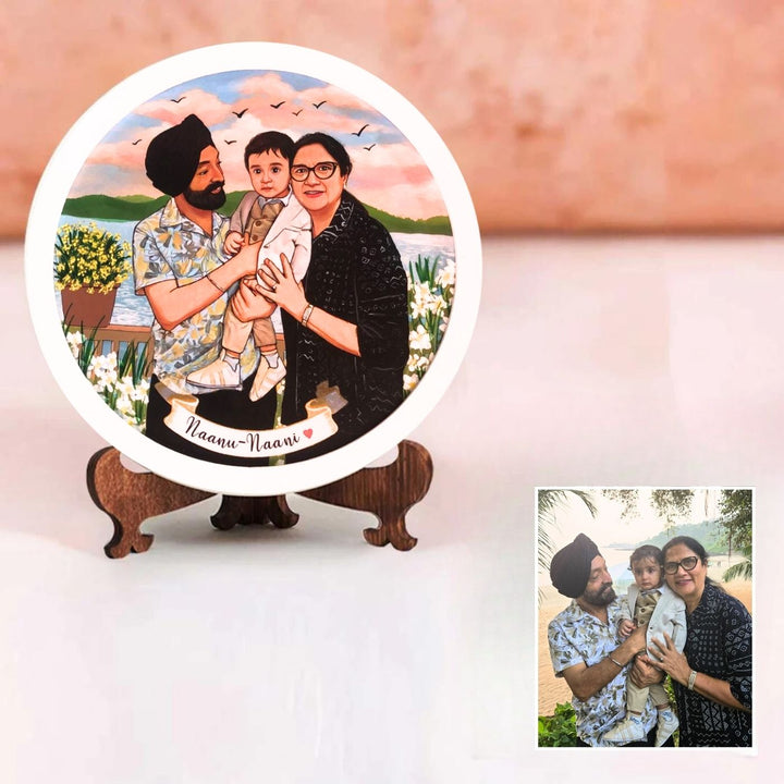 Photo Caricature Name Plate With Stand For Grandparents 1 - Front View with Personalized Illustration
