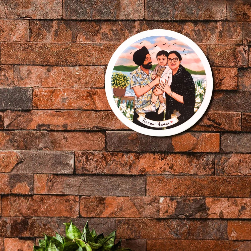 Photo Caricature Name Plate With Stand For Grandparents 1 - Mounted on Brick Wall