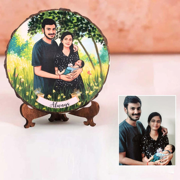 Photo Caricature Bark Nameplate With Stand For New Parents - Front View with Personalized Illustration