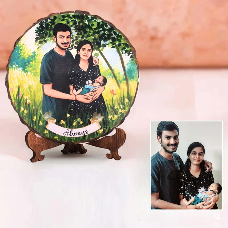 Photo Caricature Bark Nameplate With Stand For New Parents - Front View with Personalized Illustration