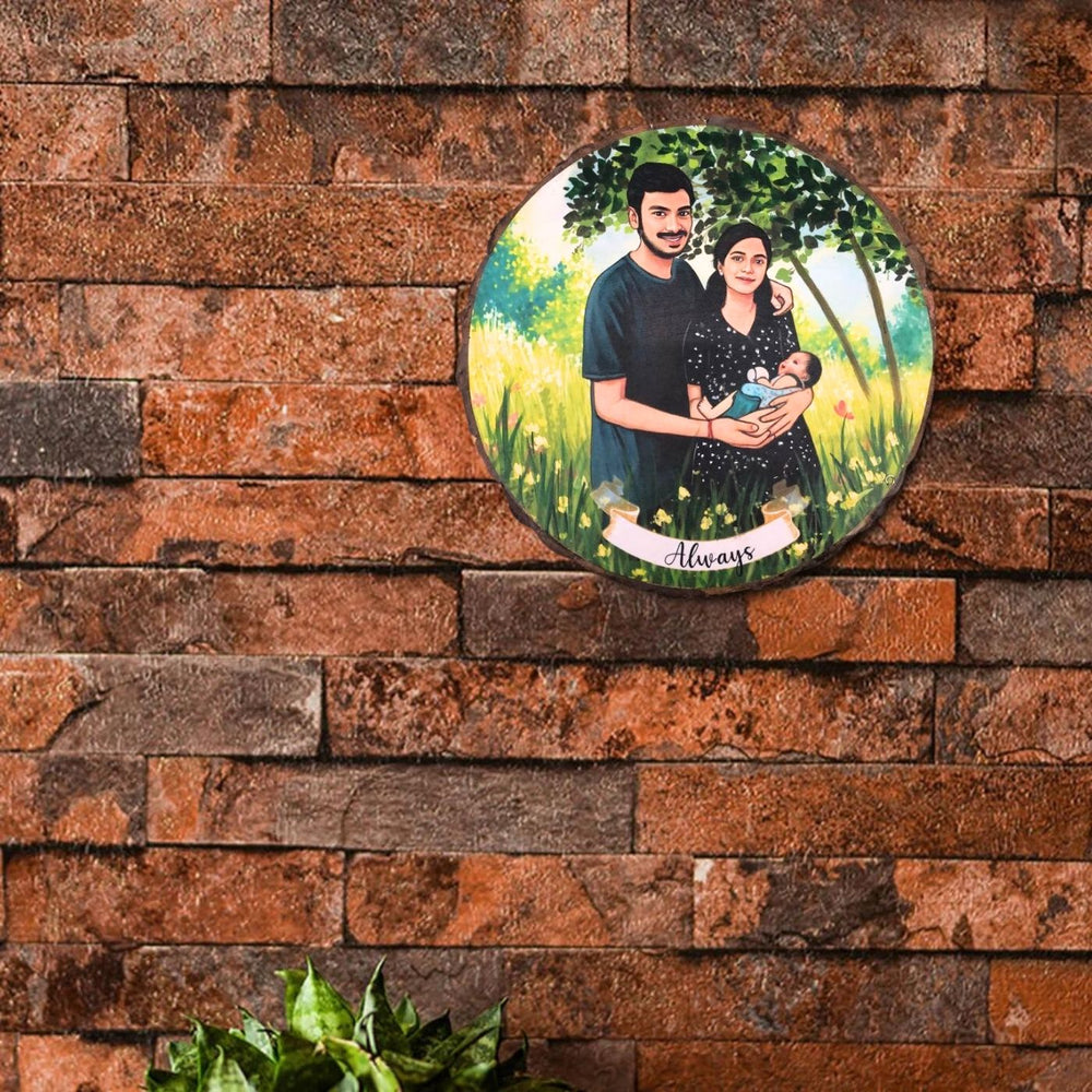 Photo Caricature Bark Nameplate With Stand For New Parents - Mounted on Brick Wall Close-up