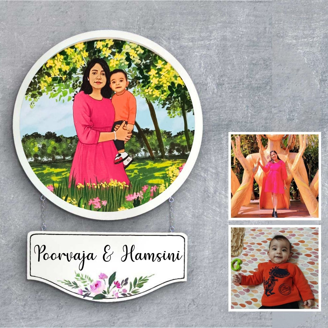 Photo Caricature Hanging Name Plate For Mother 1 - Front View with Personalized Nameplate