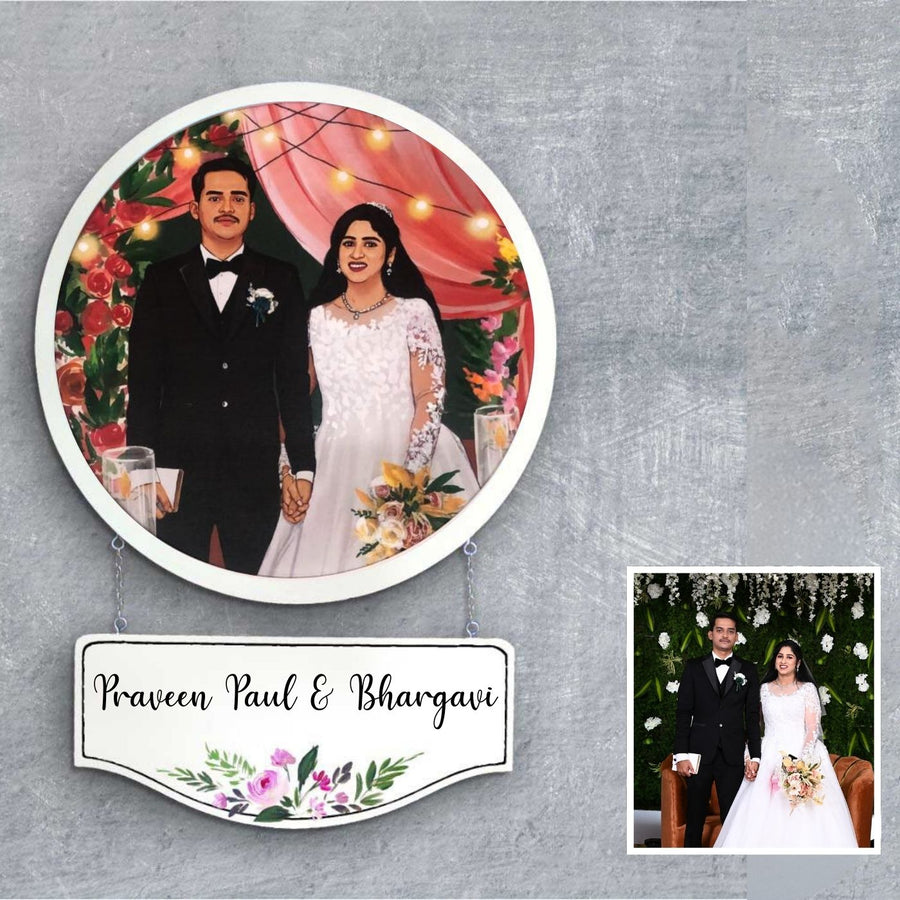 Photo Caricature Hanging Name Plate For Wedding Couples - Front View with Name Personalization