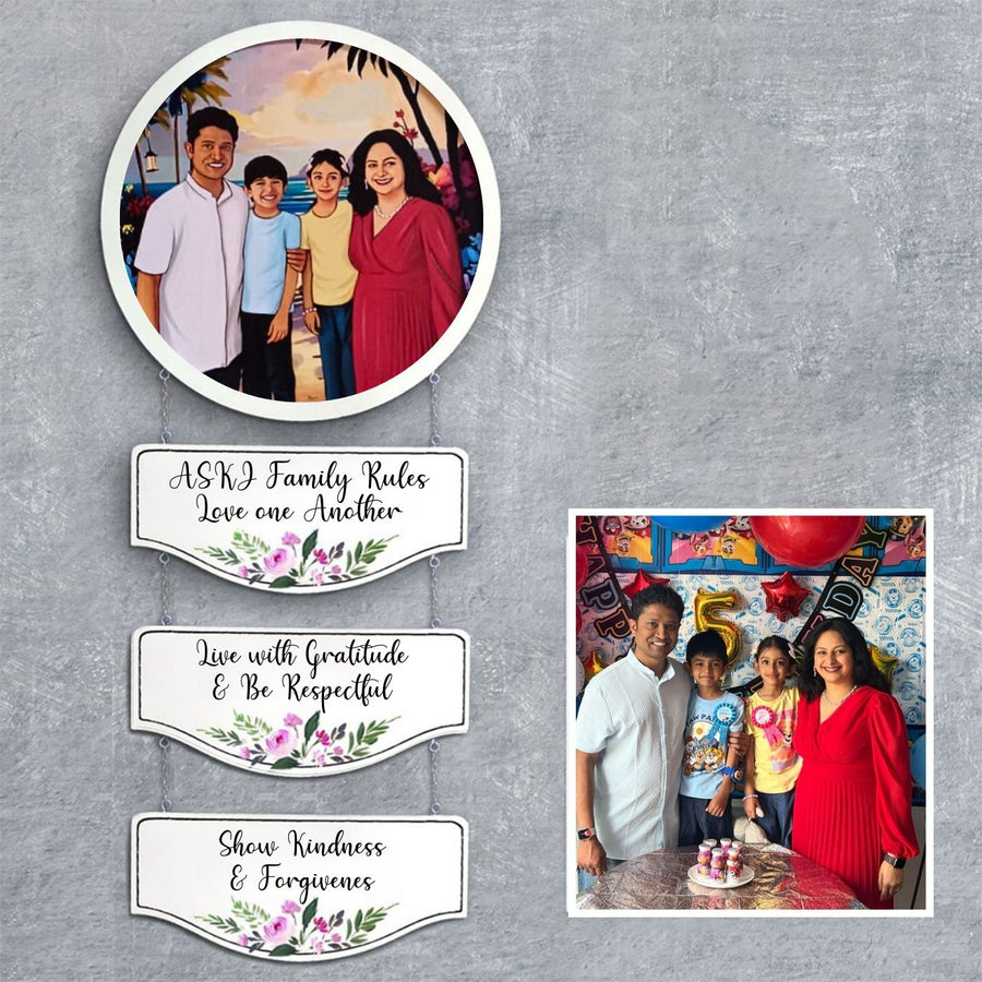 Photo Caricature Hanging Name Plate With 3 Planks - Mounted on Wall with Family Portrait
