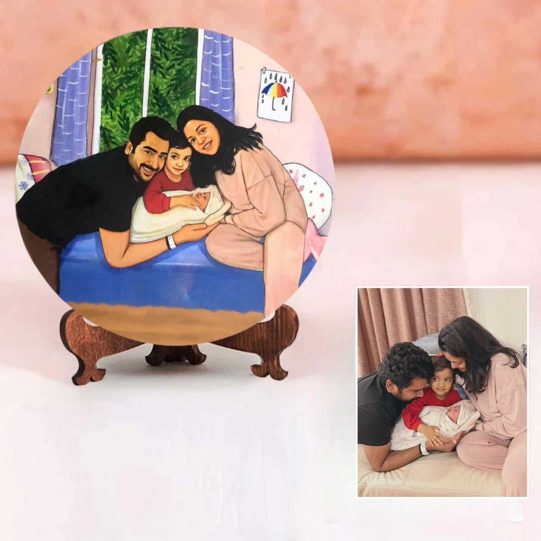 Photo Caricature Name Plate With Stand For New Parents - Personalized Photo Plaque Display