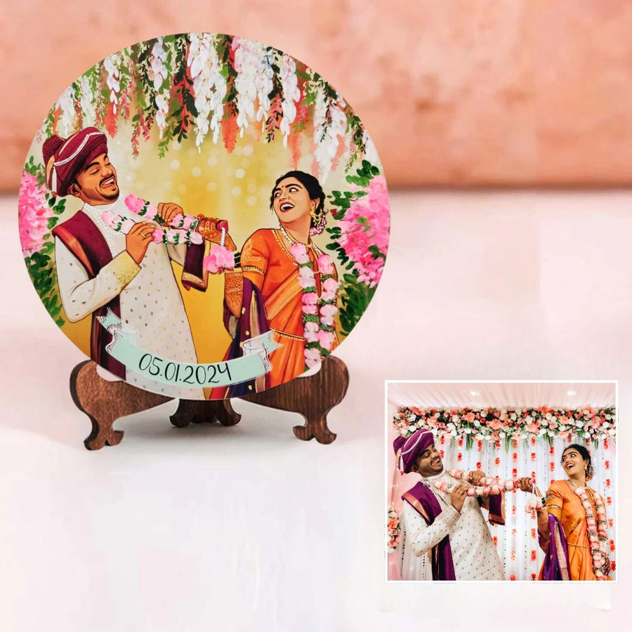 Photo Caricature Desk Name Plate With Stand For Wedding Couples 2 - Front View with Stand and Date Personalization