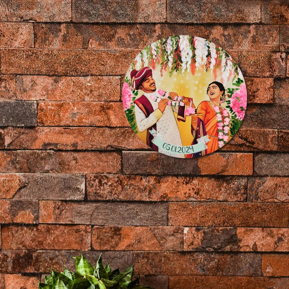 Photo Caricature Desk Name Plate With Stand For Wedding Couples 2 - Mounted on Brick Wall