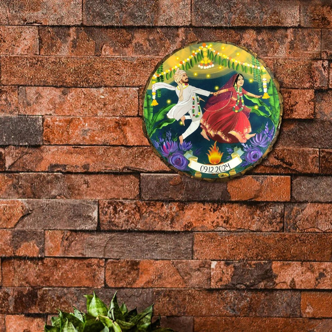 Photo Caricature Bark Nameplate With Stand For Wedding 2 - Mounted on Brick Wall