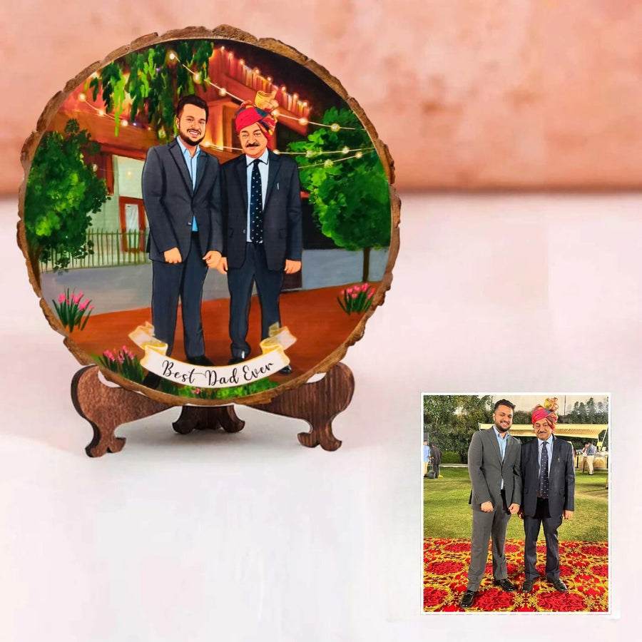 Photo Caricature Bark Nameplate With Stand For Father 2 - Personalized Illustration with Stand Display