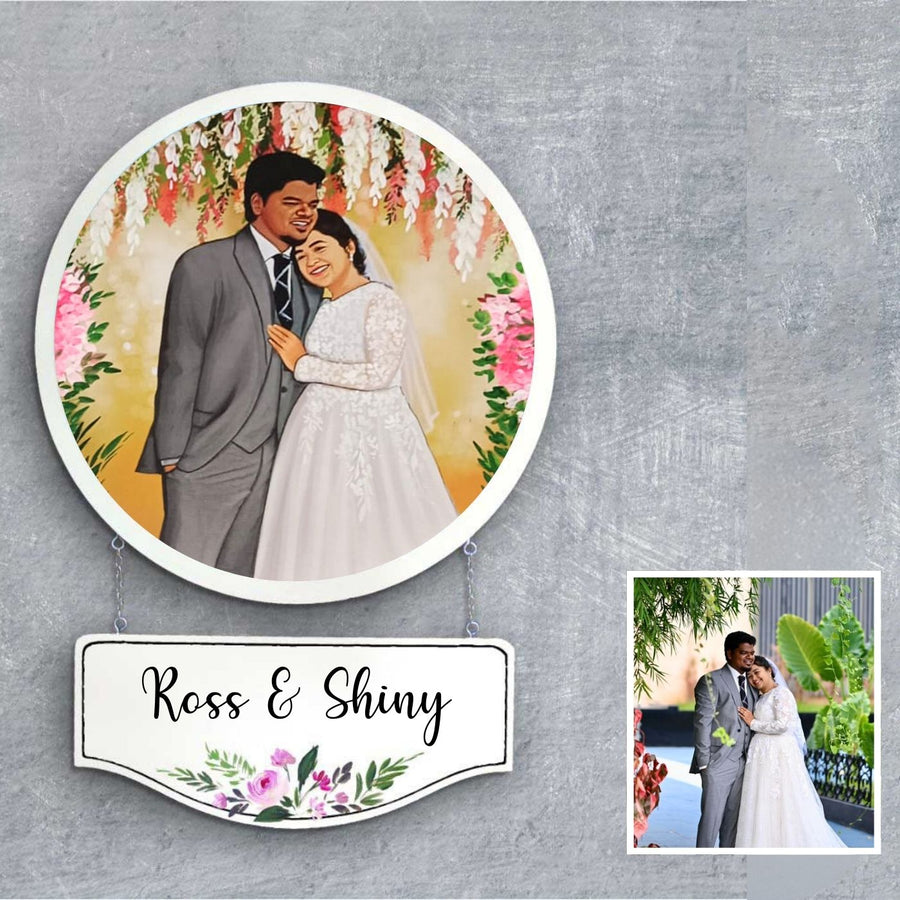 Photo Caricature Hanging Name Plate For Wedding Couples 1 - Front View with Name Personalization and Photo inset