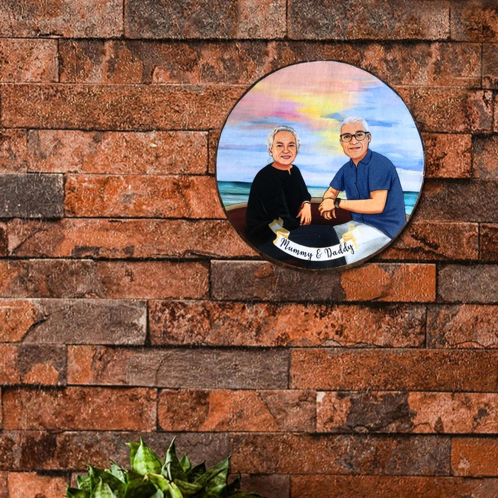 Photo Caricature Bark Nameplate With Stand For Anniversary 1 - Mounted on Brick Wall Close-up