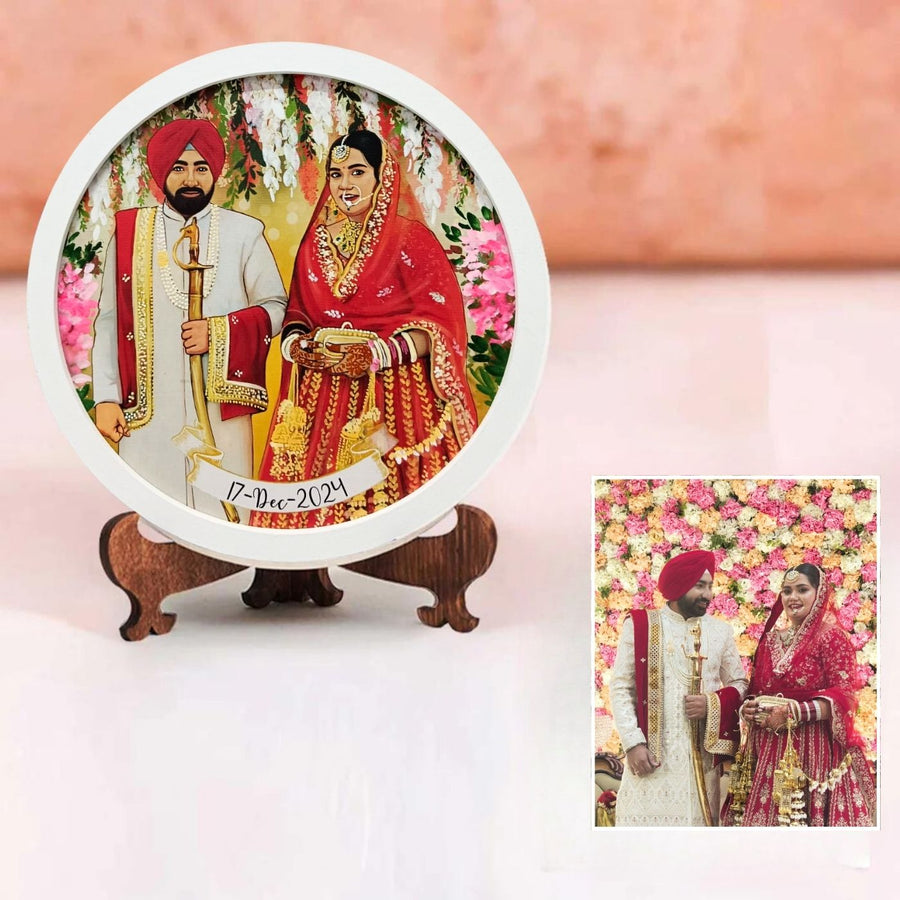 Photo Caricature Name Plate With Stand For Wedding Couples 3 - Front View on Wooden Stand