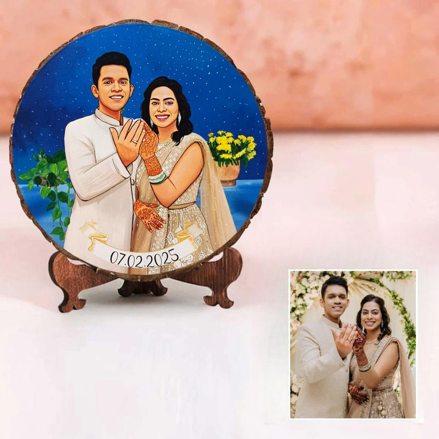 Photo Caricature Bark Nameplate With Stand For Couples Engagement - Personalized Wood Slice Portrait Display