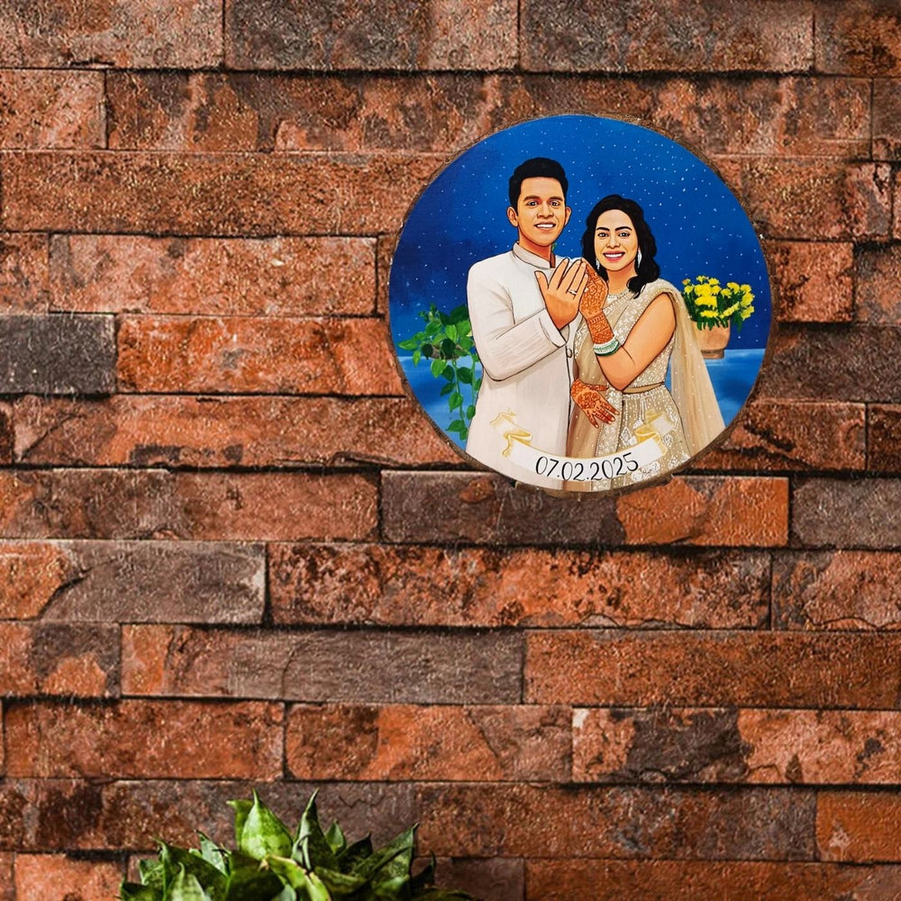 Photo Caricature Bark Nameplate With Stand For Couples Engagement - Mounted on Brick Wall Front View