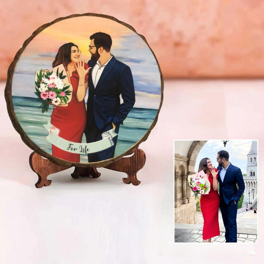 Photo Caricature Bark Nameplate With Stand For Proposal - Front View with Personalized Illustration