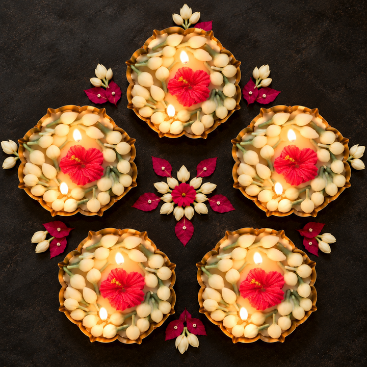 Set of 5 | Mogra Handmade Floral Soy Wax Scented Metal Urli Candle