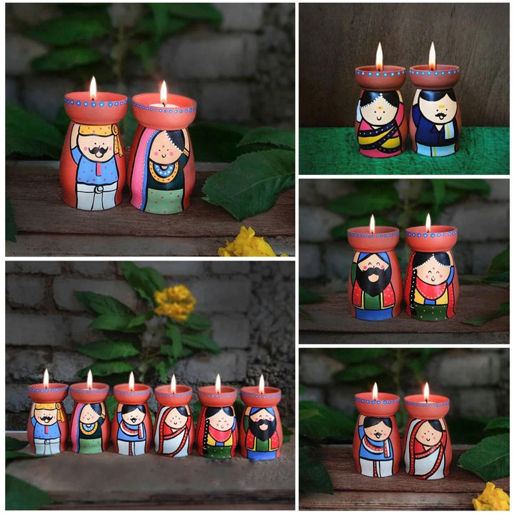 Handpainted Clay Tealight Holders with South Indian Couple | Set of 2
