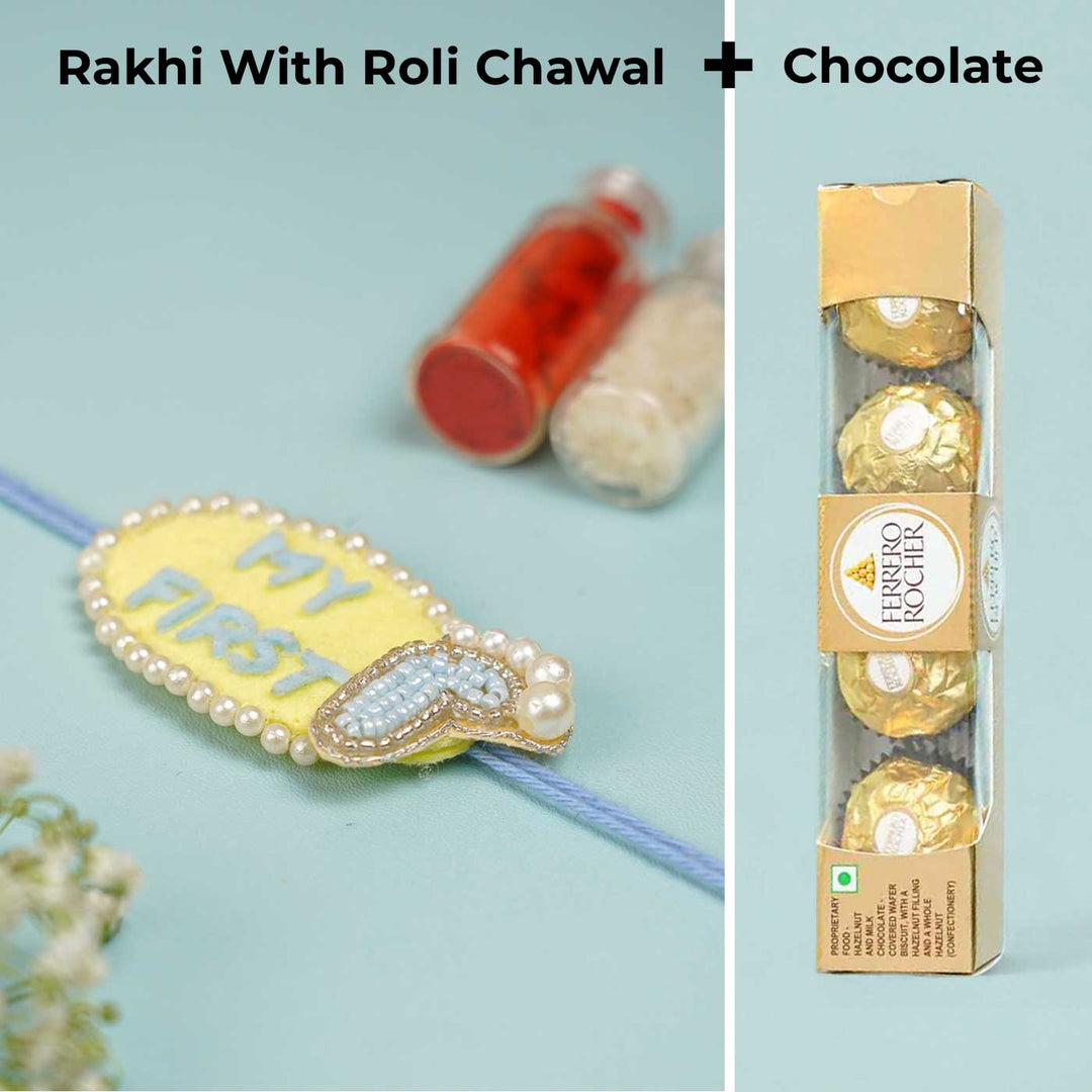Customized Handmade Beaded My First Rakhi With Roli Chawal For Newborns 10 - Rakhi and Chocolate Packaging Set