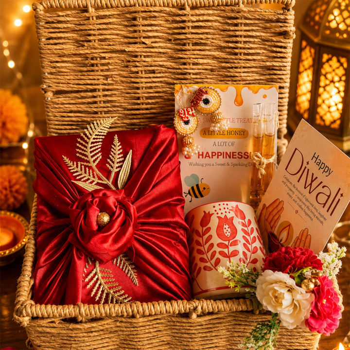 Rustic Ruby Red Jute Basket Diwali Gift Hamper With Red Mug And Shubh Labh Box For Festive Gifting