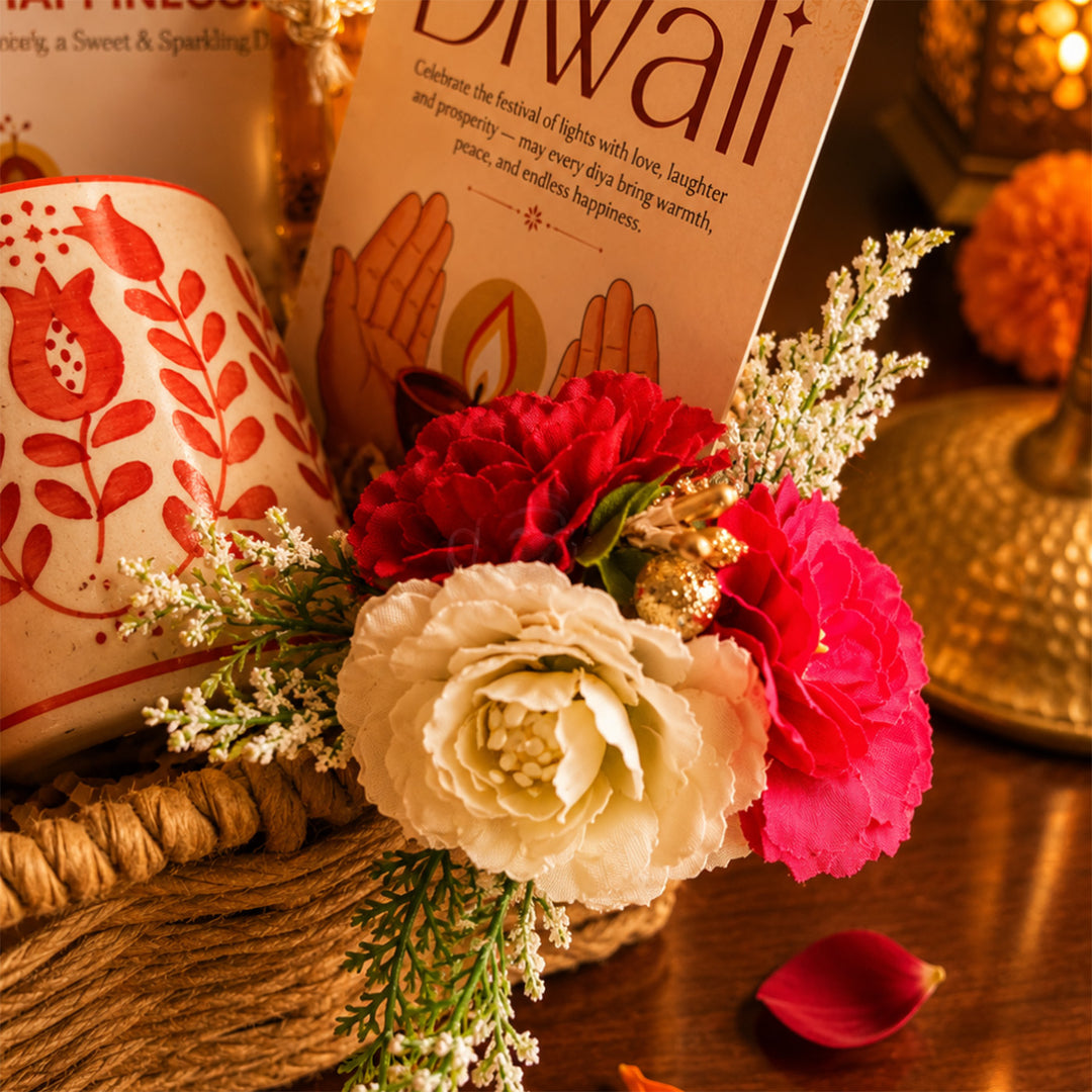 Rustic Ruby Red Jute Basket Diwali Gift Hamper With Red Mug And Shubh Labh Box For Festive Gifting