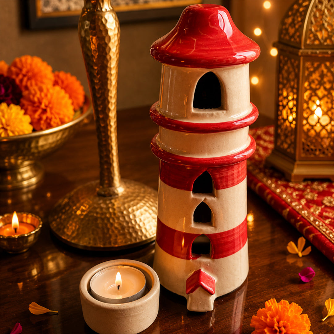 Shubh Labh Red Tealight Home Diwali Gift Hamper With Potli And Mata Laxmi Charan For Festive Gifting