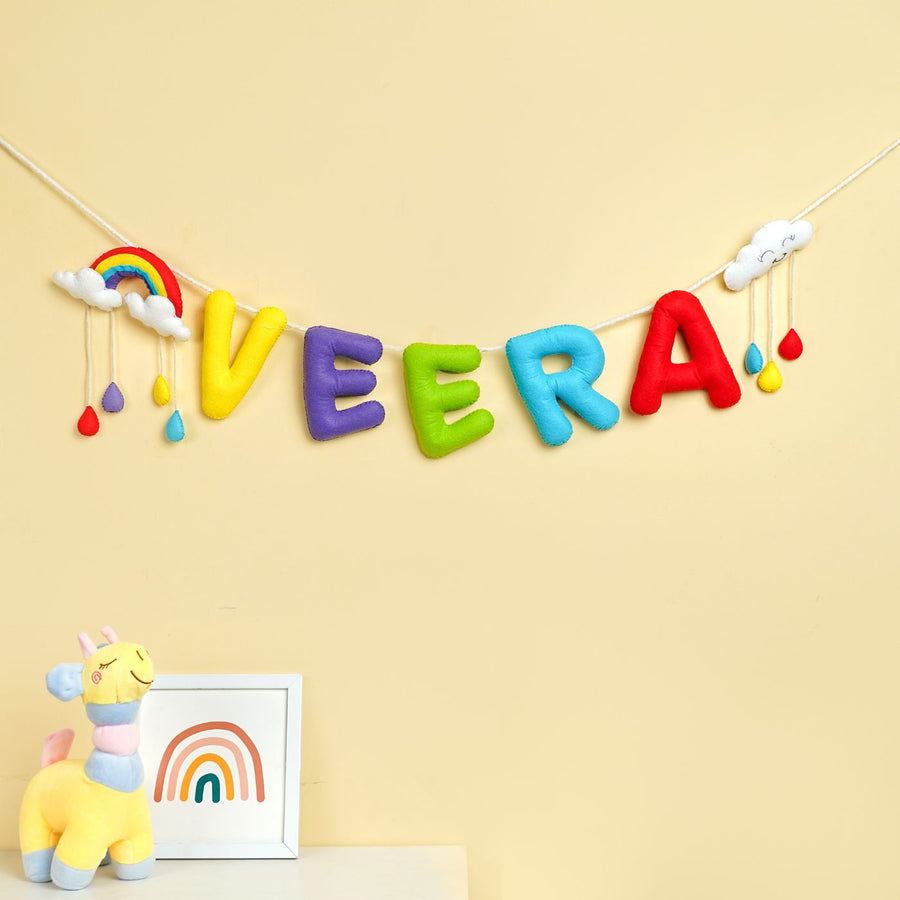 Handmade Personalized Felt Kids Bunting Rainbow With Cloud - Front View of Name Garland Hanging