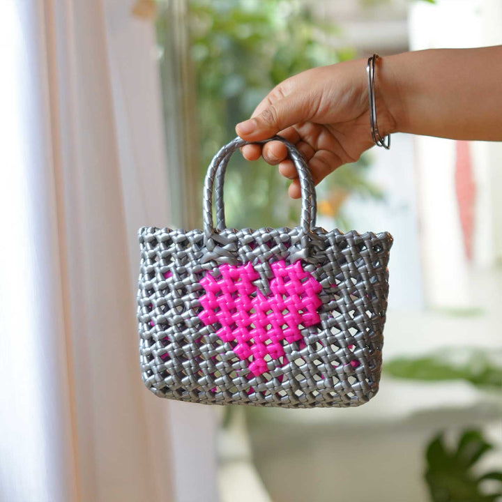 Mini Handwoven Grey Plastic Wire Koodai Bag With Pink Heart Motif