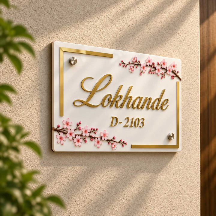 Cherry Blossom Elegance Personalized White Rectangle Acrylic Name Plate For Home