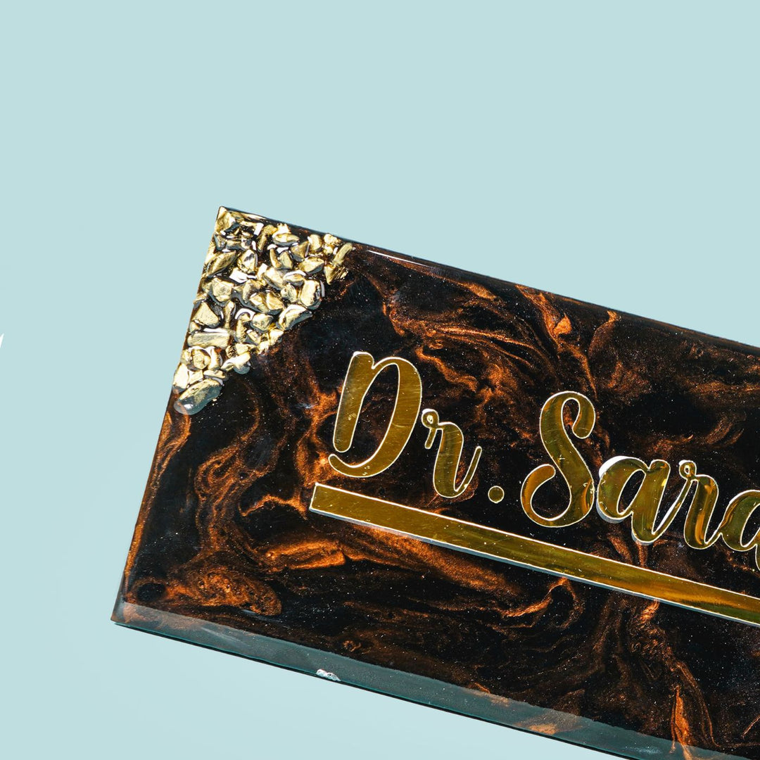 Handmade Resin Black Gold Rectangle Marbled Name Plate 1 - Name Personalization Close-up Angle