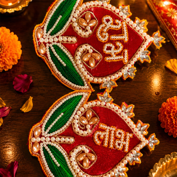 Shubh Labh Red Tealight Home Diwali Gift Hamper With Potli And Mata Laxmi Charan For Festive Gifting