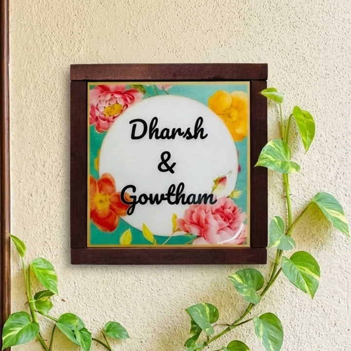 Multicolor Floral Personalized Printed Square Resin Name Plate