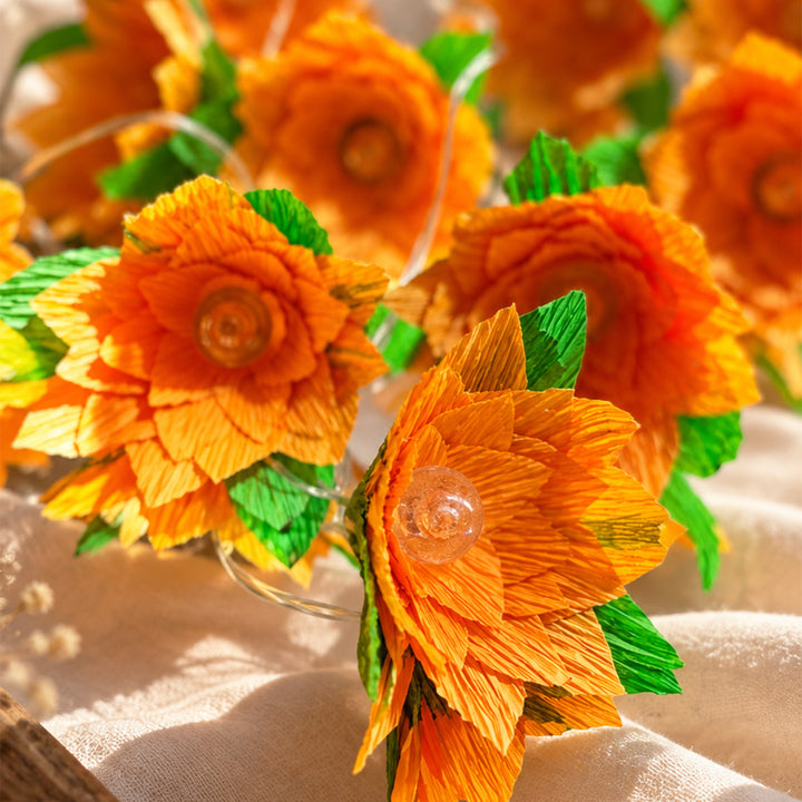 Handmade Phool Jhalar Crepe Paper Flower LED Fairy Light For Festive Decor - Peach & Green