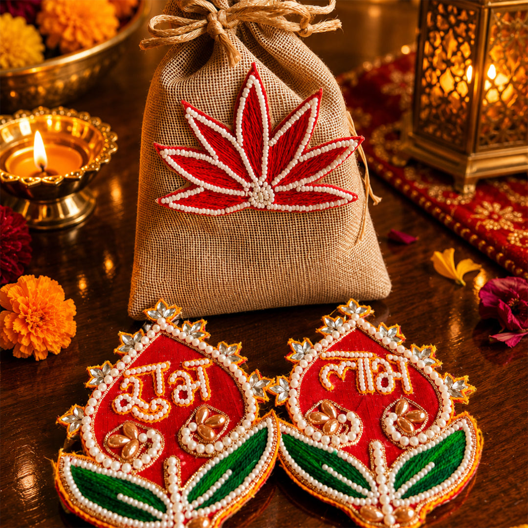 Shubh Labh Red Tealight Home Diwali Gift Hamper With Potli And Mata Laxmi Charan For Festive Gifting