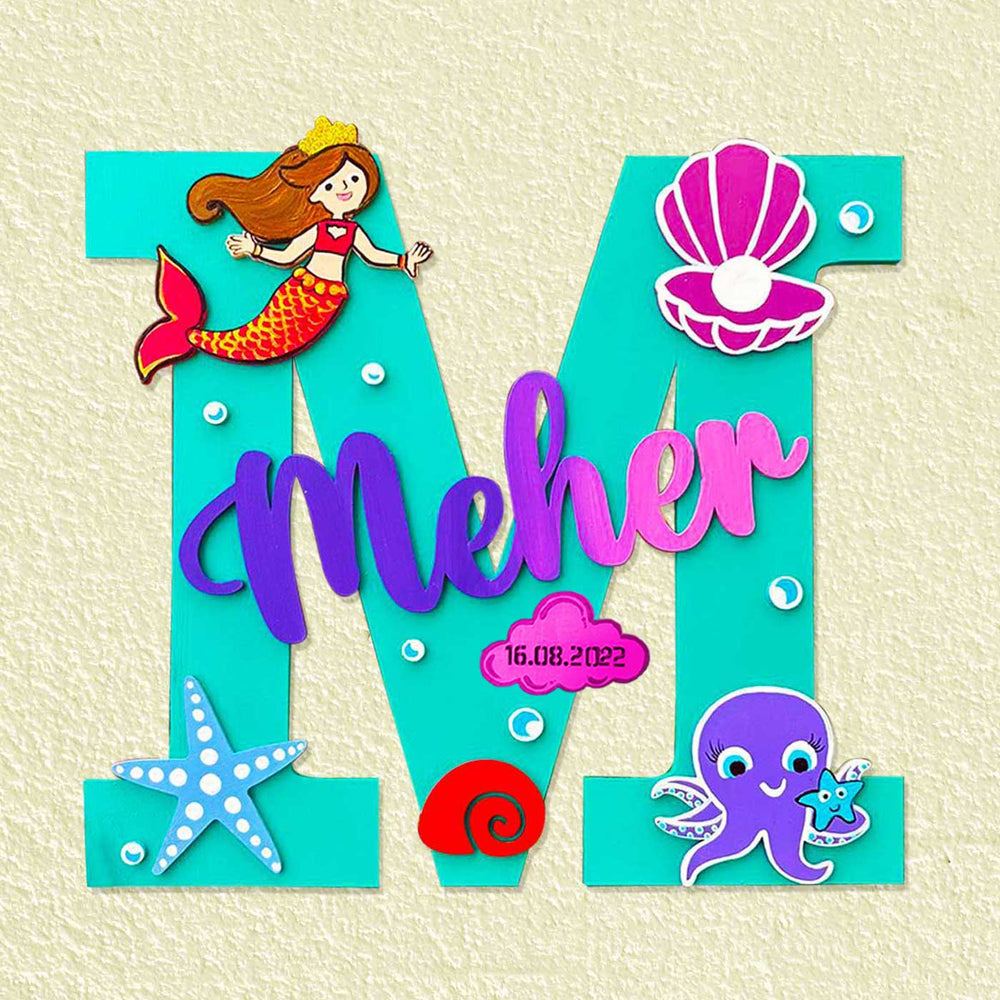 Handcrafted Personalized Kids Mermaid Themed Monogram Mdf Nameplate 2 - Front View with Name Personalization