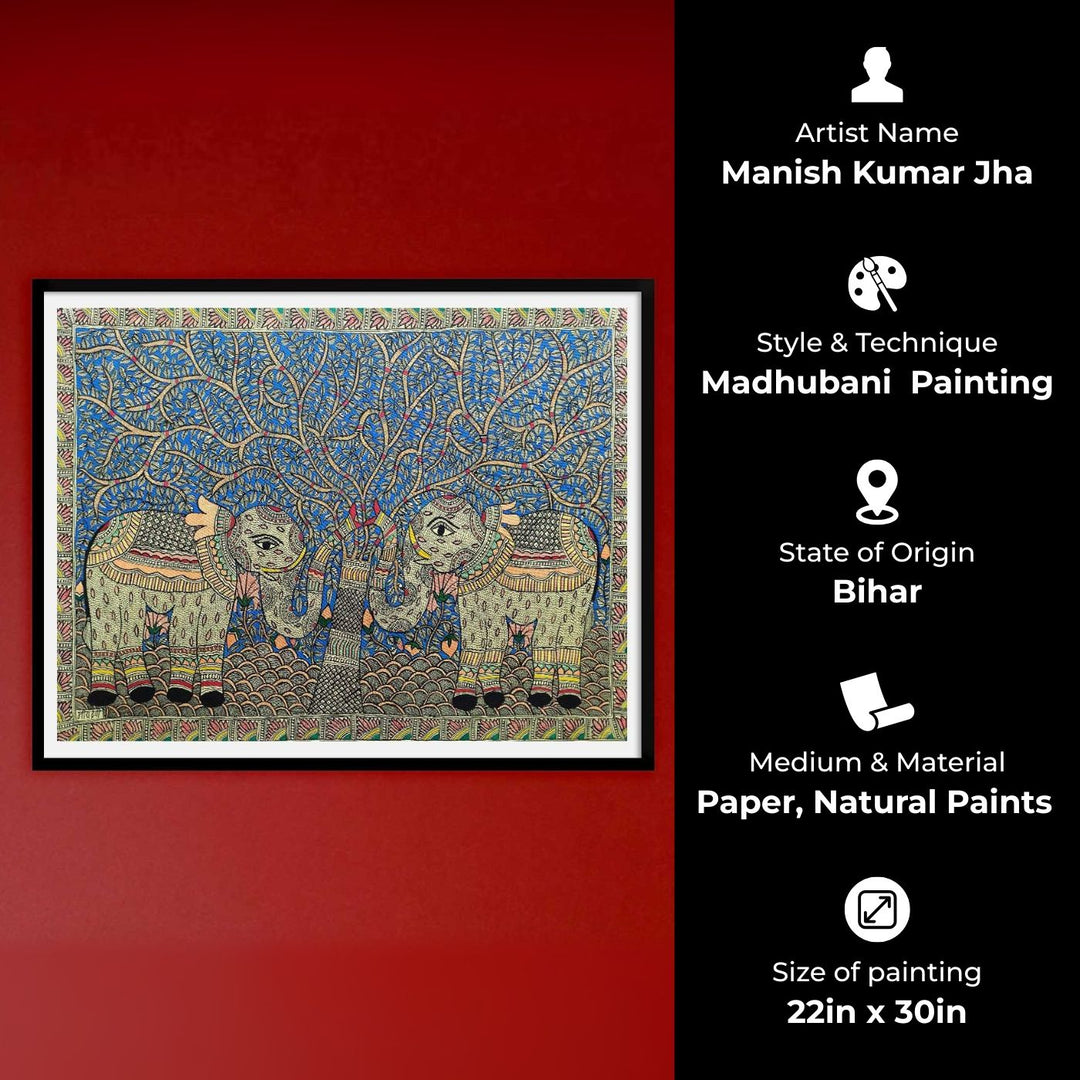 22 x 30 Inch | Elephants Under The Tree | Original Hand Painted Madhubani Painting | Natural Pigments On Paper