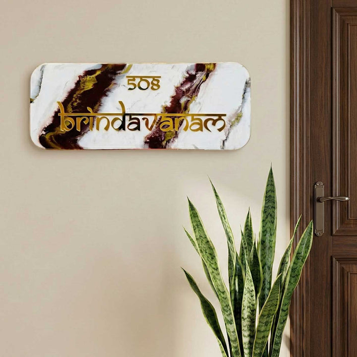 White & Brown Personalized Marble Effect Rectangle Resin Name Plate | With 3D Acrylic Letters