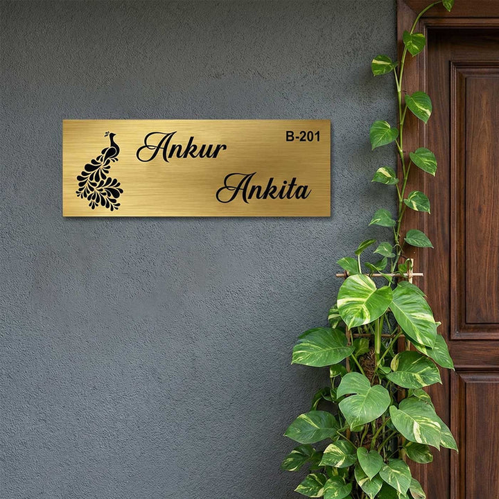 Peacock Engraved Personalized Golden Metal Name Plate | Rectangular, Outdoor, Weather Proof