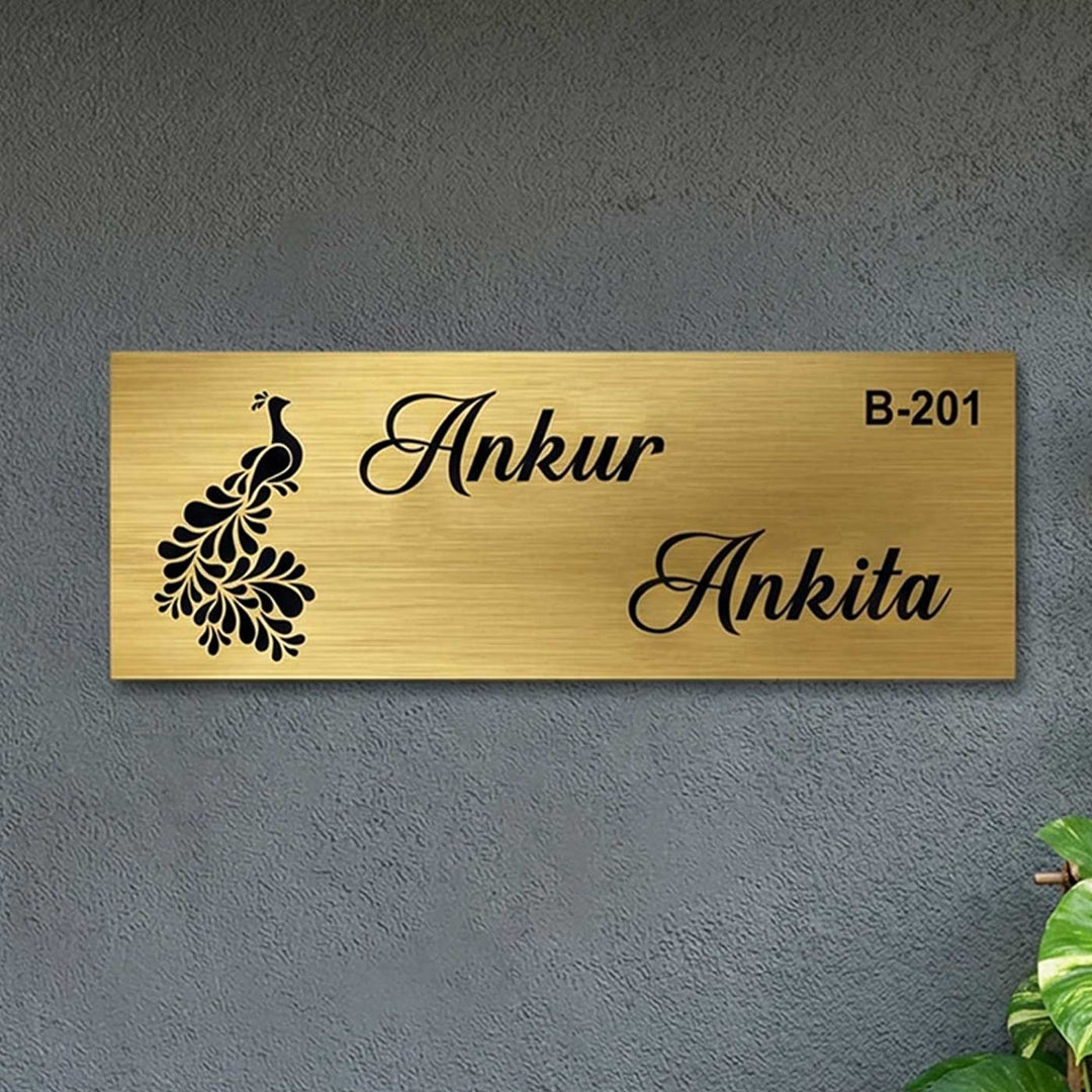 Peacock Engraved Personalized Golden Metal Name Plate | Rectangular, Outdoor, Weather Proof
