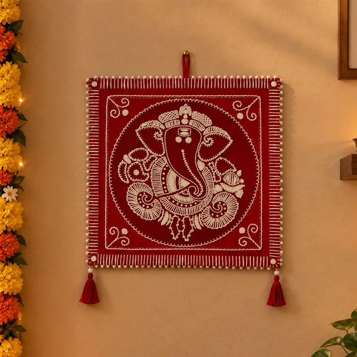 2 Pc | Hand Embroidered Aipan Art Ganapathi Hangings with Glass Beads