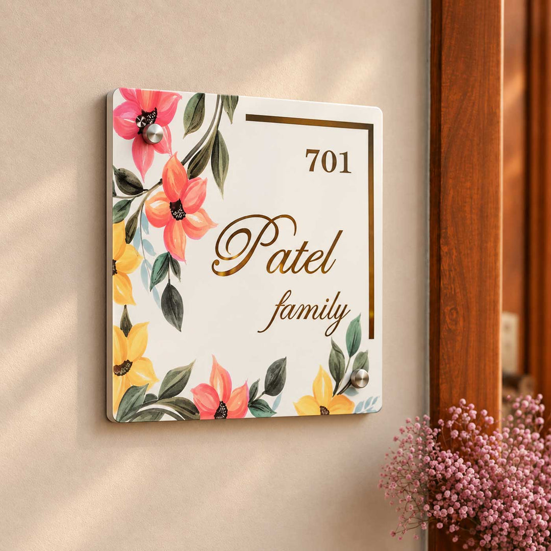Floral Multicolour Personalized Square Acrylic Name Plate For Home
