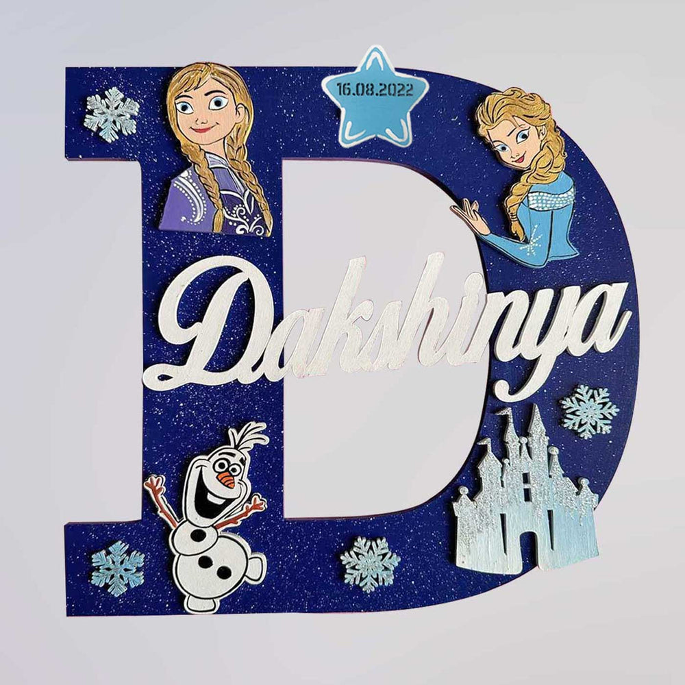 Handcrafted Personalized Kids Frozen Themed Monogram Mdf Nameplate - Front View with Name Personalization