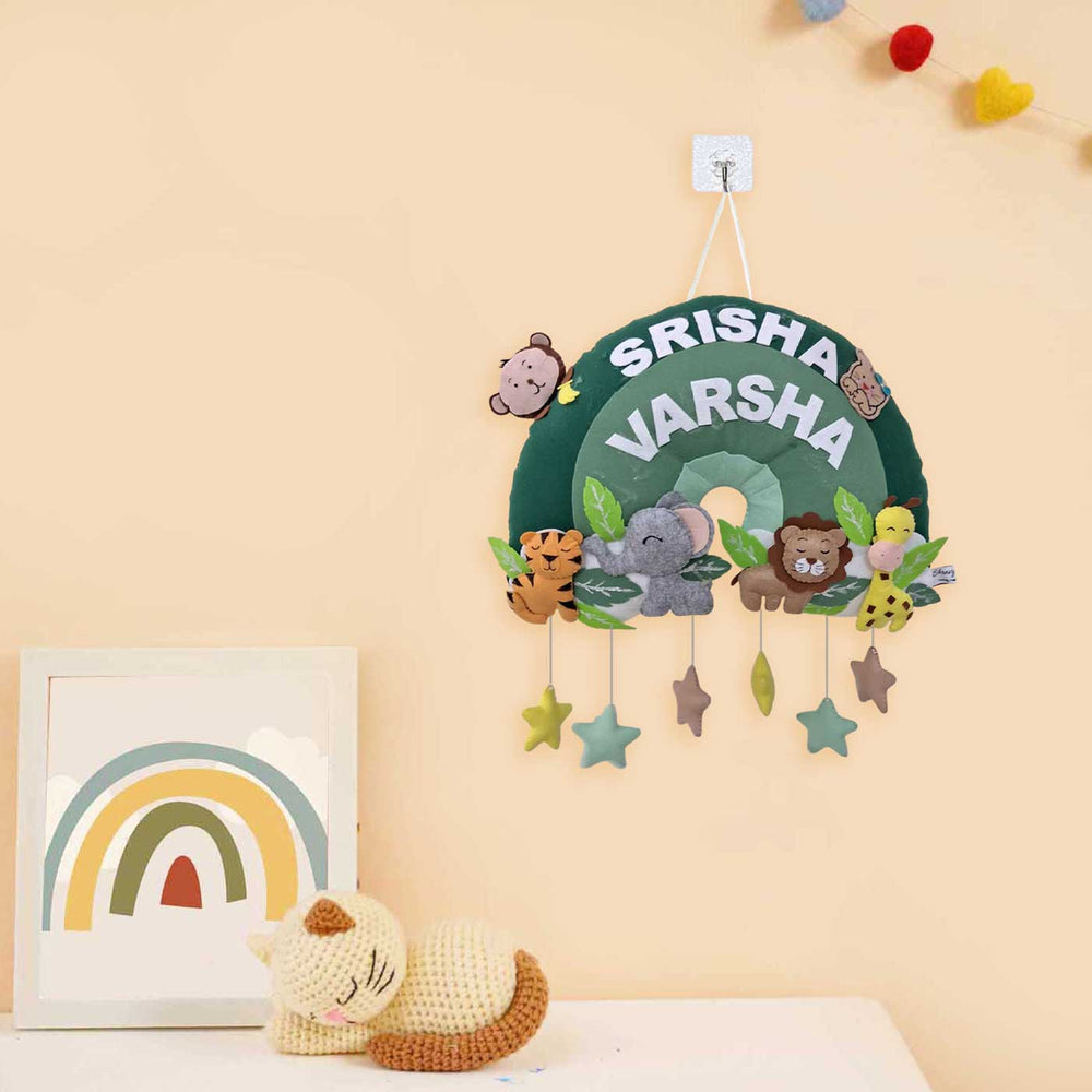 Personalized Safari Animals Themed Half Round Felt Kids Name Plate For Kids - Name Personalization Hanging View