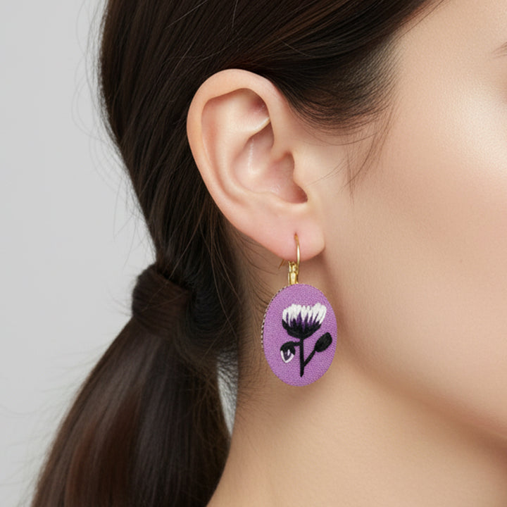 Hand Embroidered Lilac Lustre Golden Tone Earrings