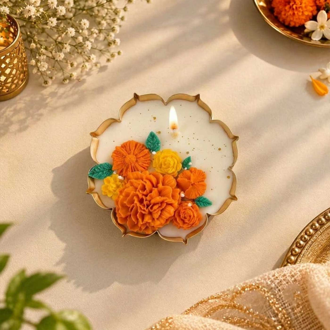 Handmade Mogra & Sandalwood Marigold Scented Soy Wax Metal Urli Candle For Festive Decor