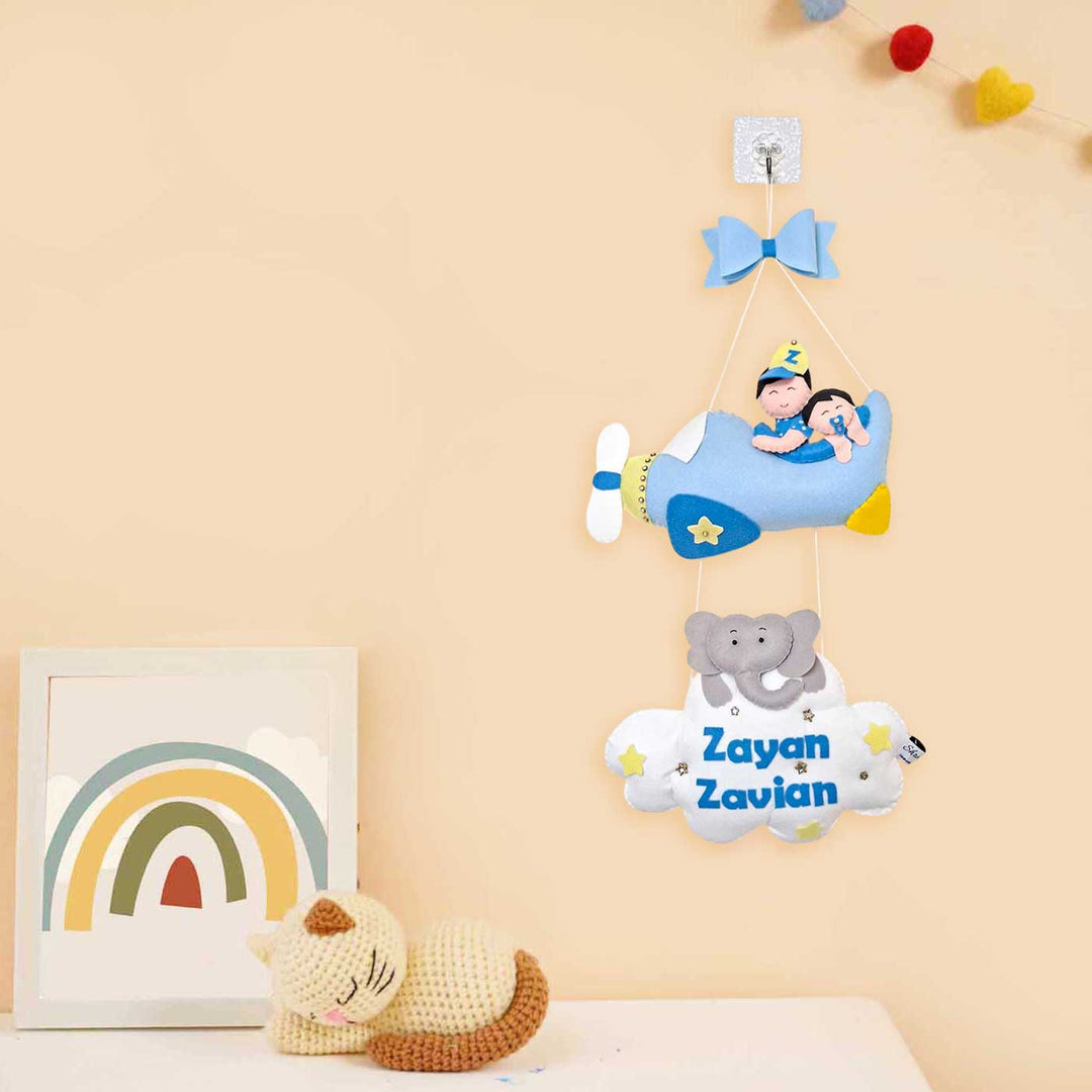 Personalized Aeroplane Themed Felt Kids Name Plate For Siblings - Hanging on Wall Display