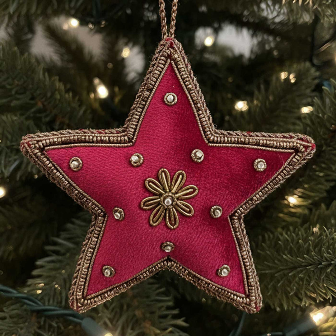 Red Flower Star Cotton Premium Zardozi Ornament