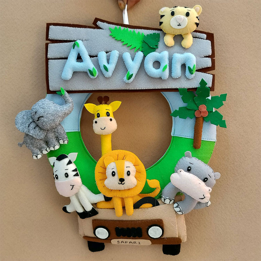 Personalized Jungle Safari Themed Round Felt Kids Nameplate - Front View Hanging from Loop