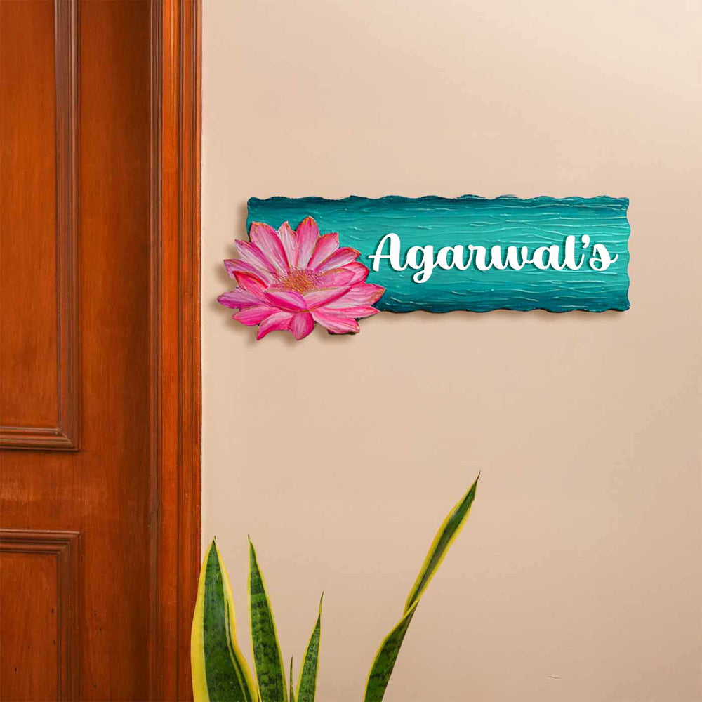 Personalized Lotus Theme Mdf Wood Name Plate - Mounted on Entryway Wall